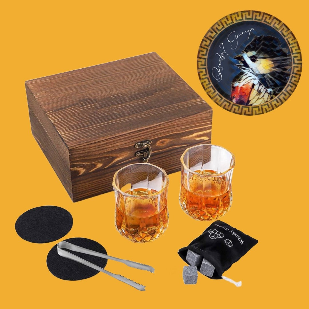 Custom Whiskey Box Set, Glasses, wooden engraved whisky box, Stones